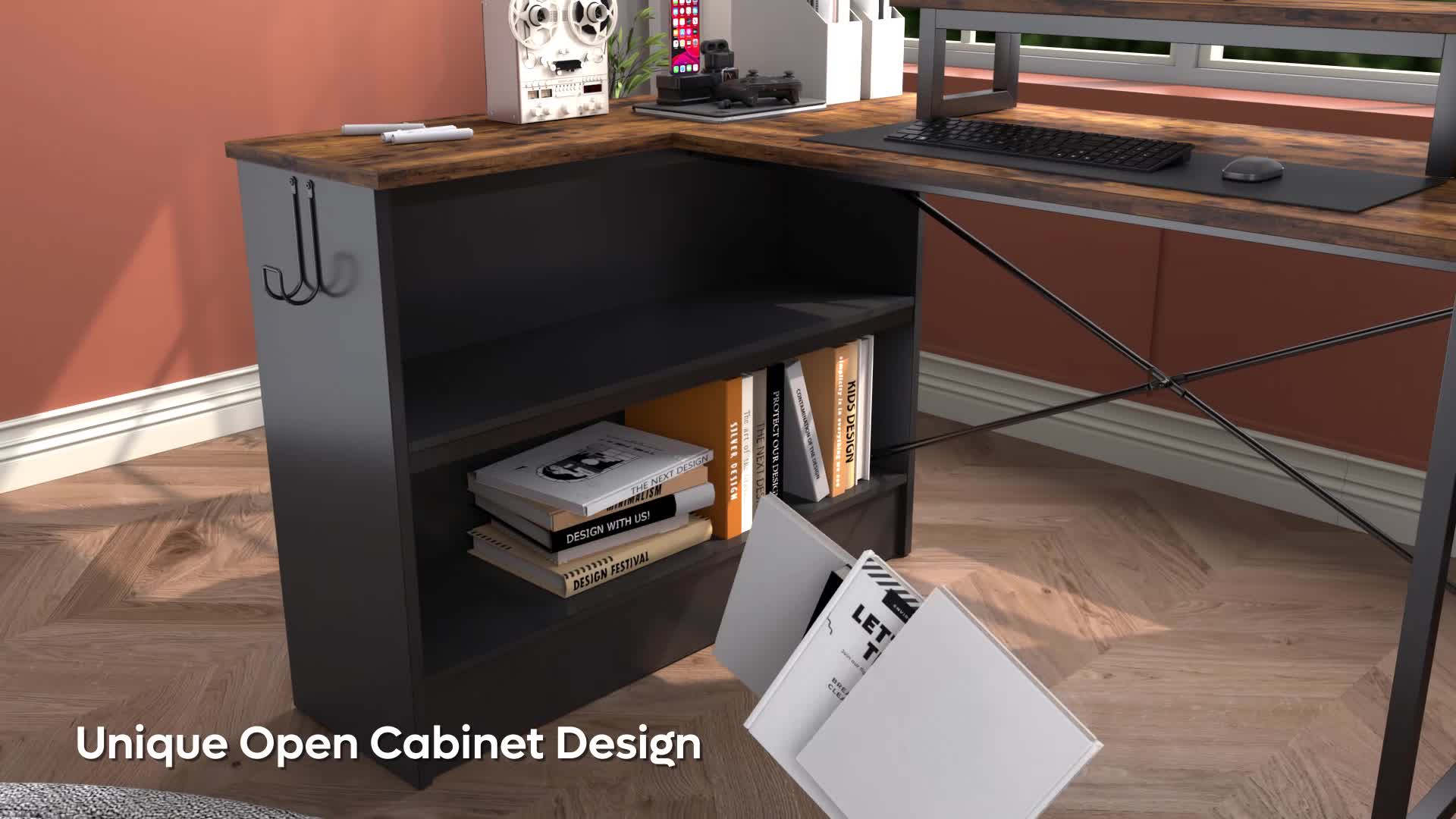 L-Form Büro Schreibtisch 107cm mit Monitorständer & Licht - Produktbild-Vorschau 7