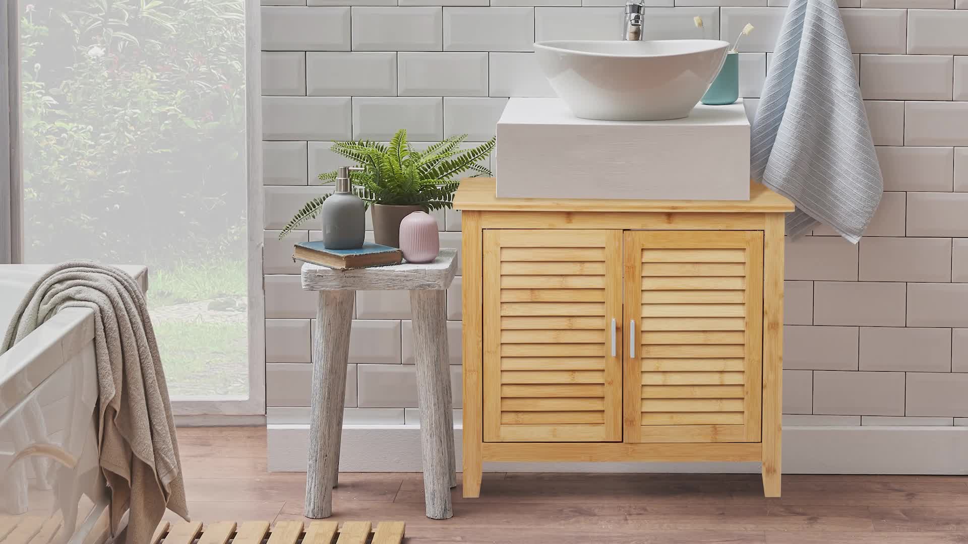 Relaxdays Waschbeckenunterschrank Bambus, HxBxT: 60x67x30 Produktbild-Vorschau 7