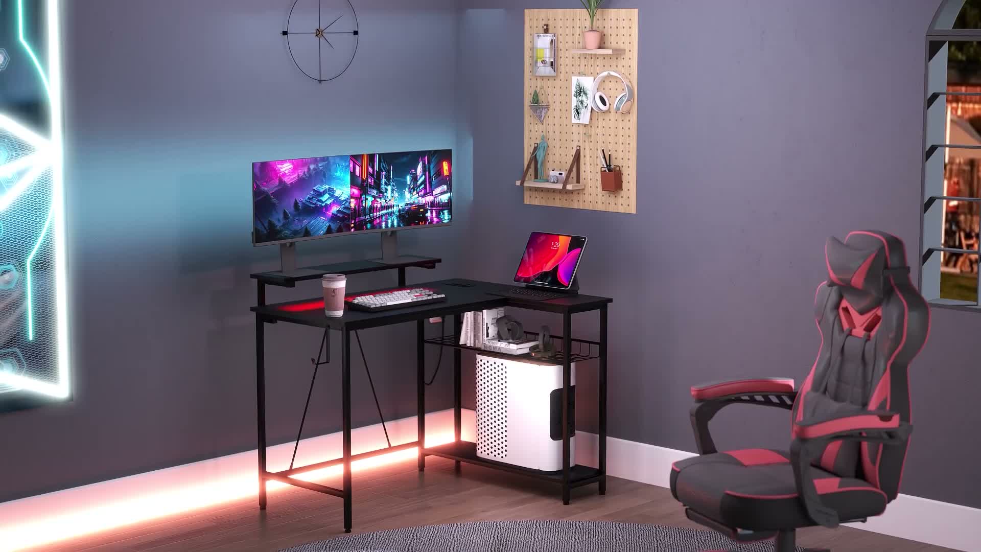 HOMCOM Schreibtisch L Form mit LED, Steckdosen, USB, Regal, Produktbild-Vorschau 7