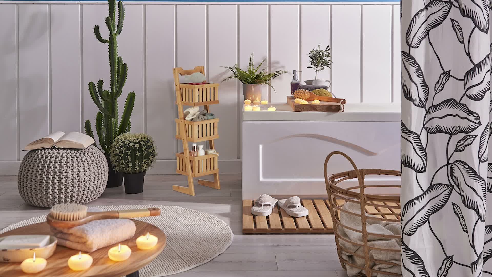 Relaxdays Badregal Bambus, 3 Ablagen, Tragegriff, Produktbild-Vorschau 7