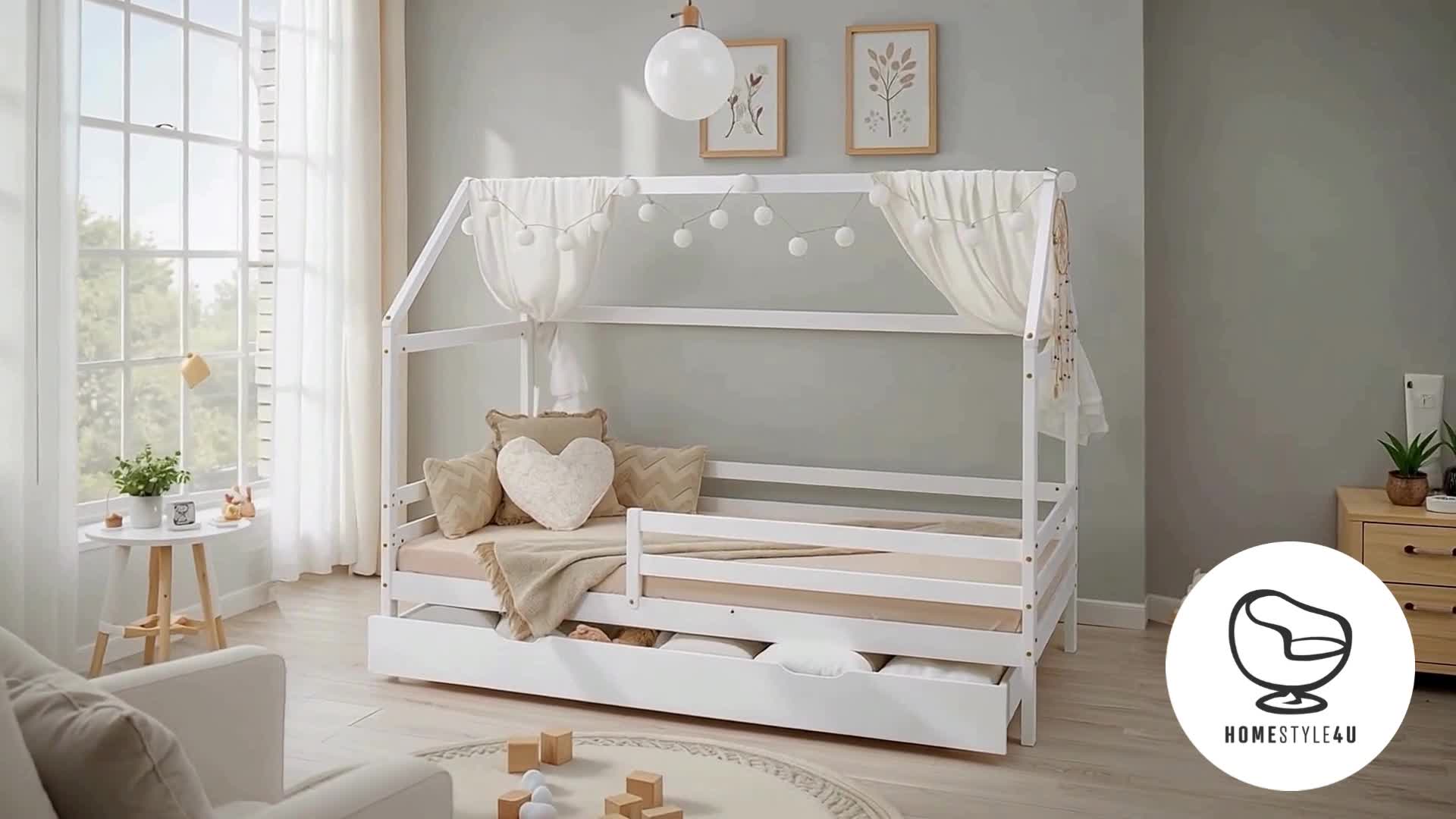 Homestyle4u Kinderbett Weiß 90x200cm Hausbett Produktbild-Vorschau 7