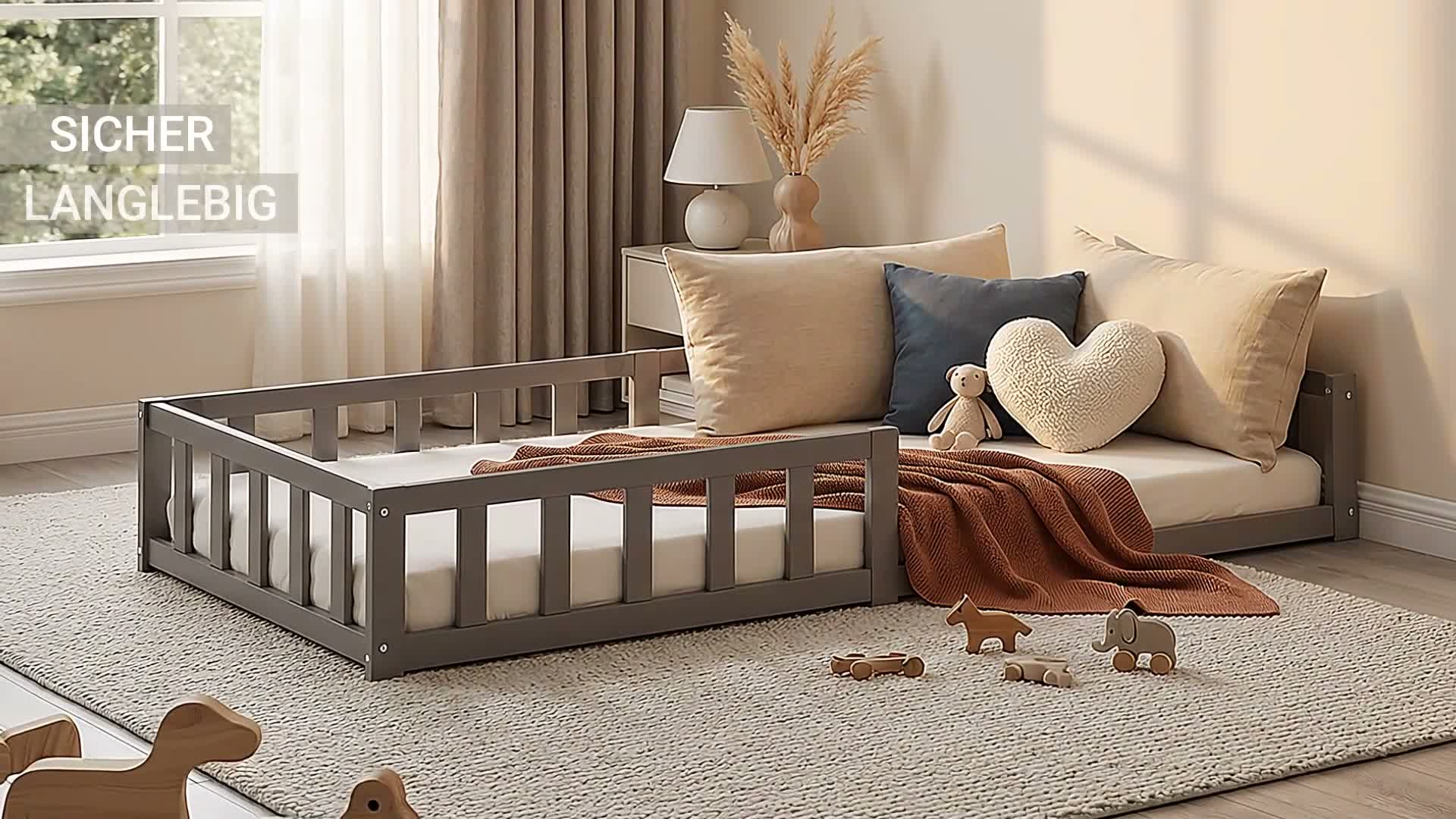Homestyle4u Kinderbett 90x200 mit Rausfallschutz Grau Produktbild-Vorschau 7