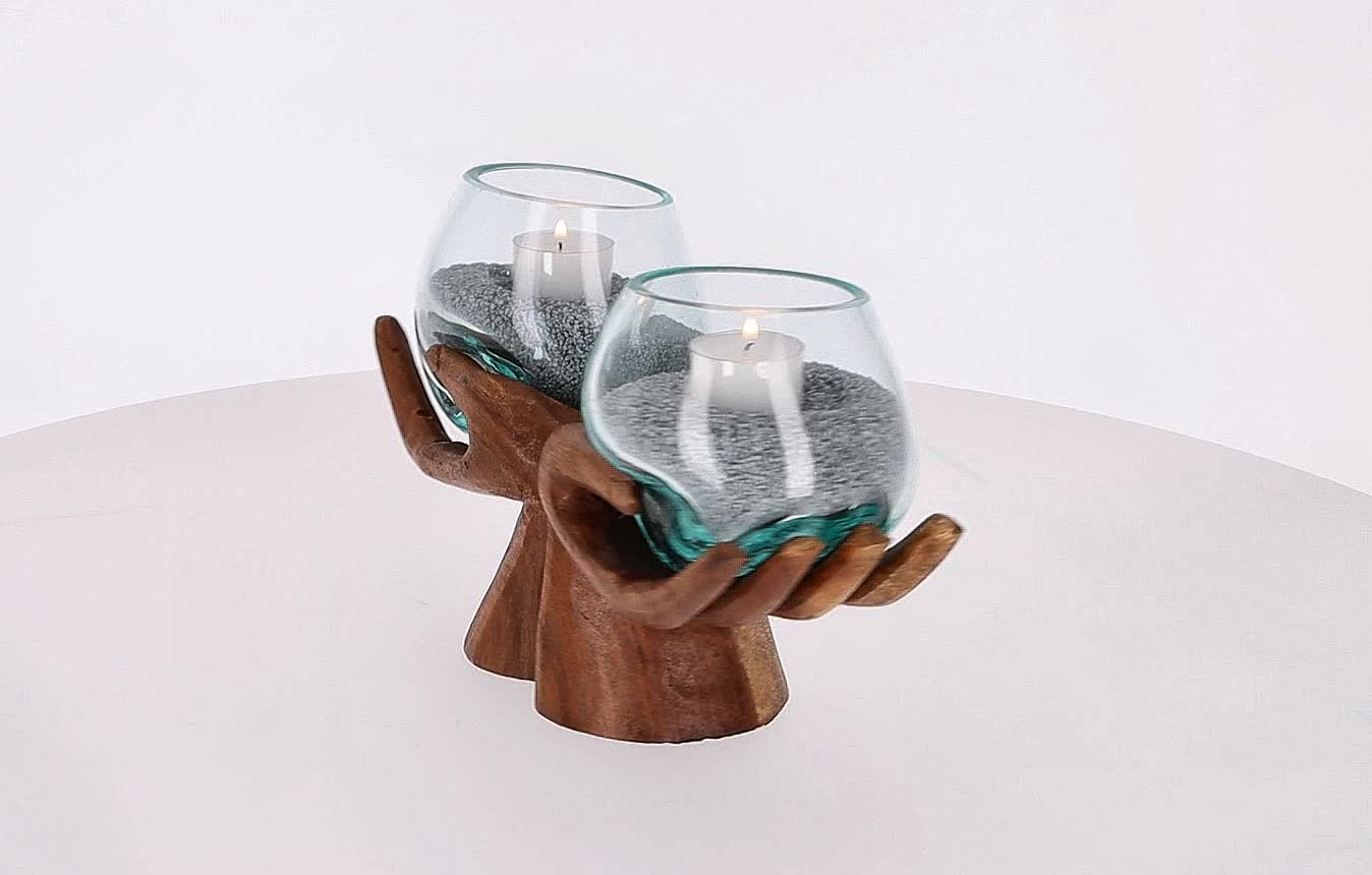 Doppel Windlicht Holzhand aus Suarholz mit 2 Glasgefäßen Produktbild-Vorschau 7