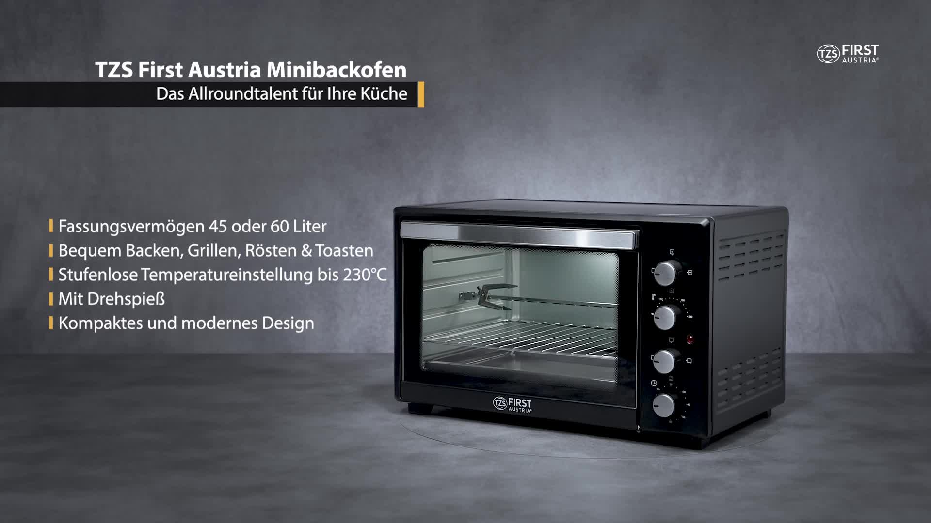 TZS First Austria Minibackofen 35 Liter - 1600 Watt Mit Umluft, Timer, Doppelglastür & Innenbeleuchtung