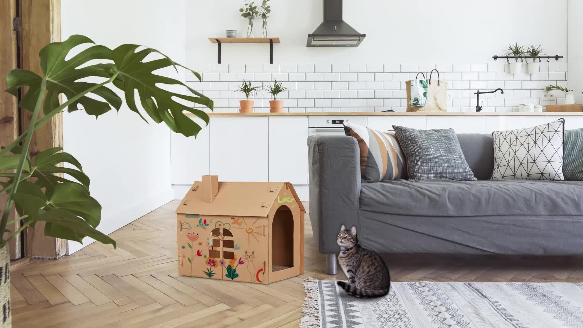 Relaxdays Katzenhaus Pappe, Katzenhöhle mit Kratzbrett, zum Produktbild-Vorschau 7