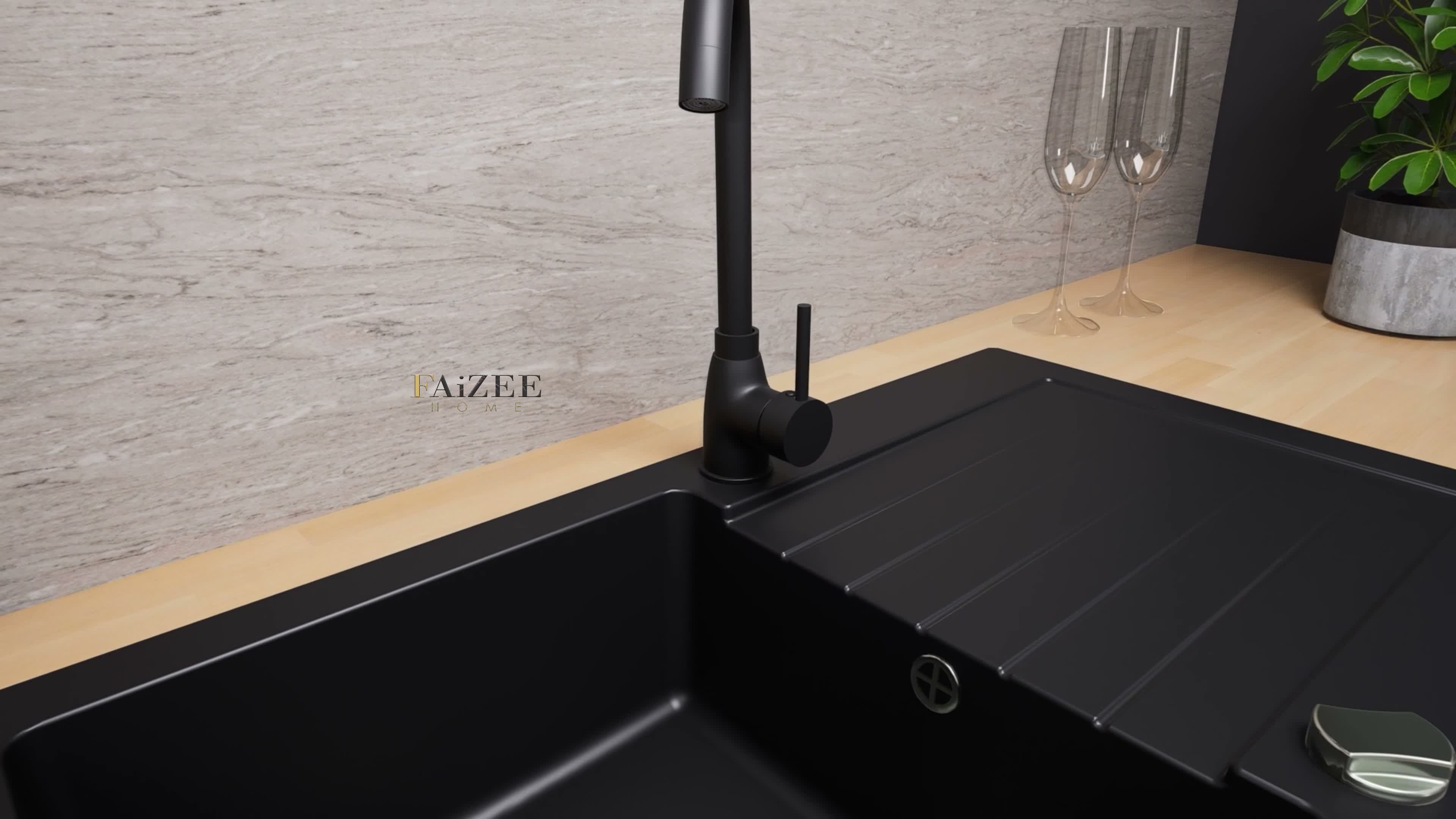 Granitspüle 76x44 cm mit Schwarzer Armatur – Küchenspüle Produktbild-Vorschau 7