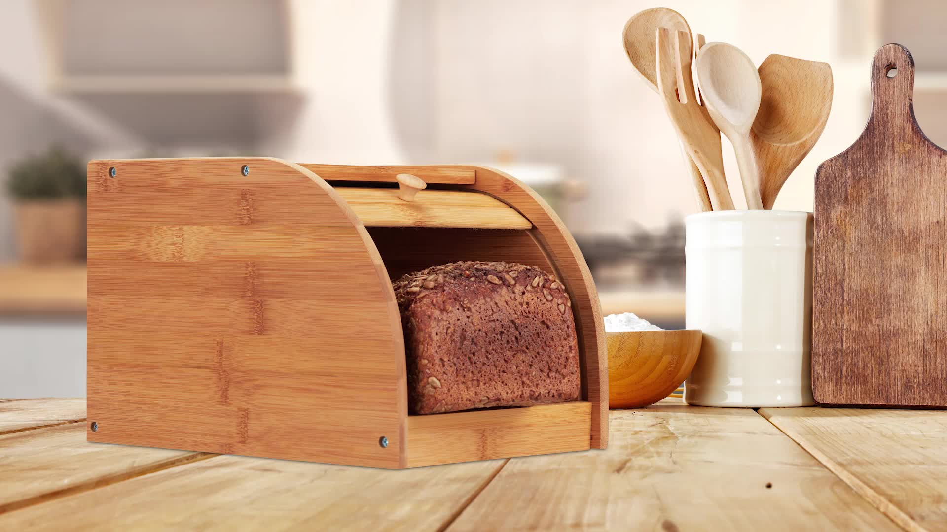 Relaxdays Brotkasten Bambus, rollbare Frontklappe, Produktbild-Vorschau 7