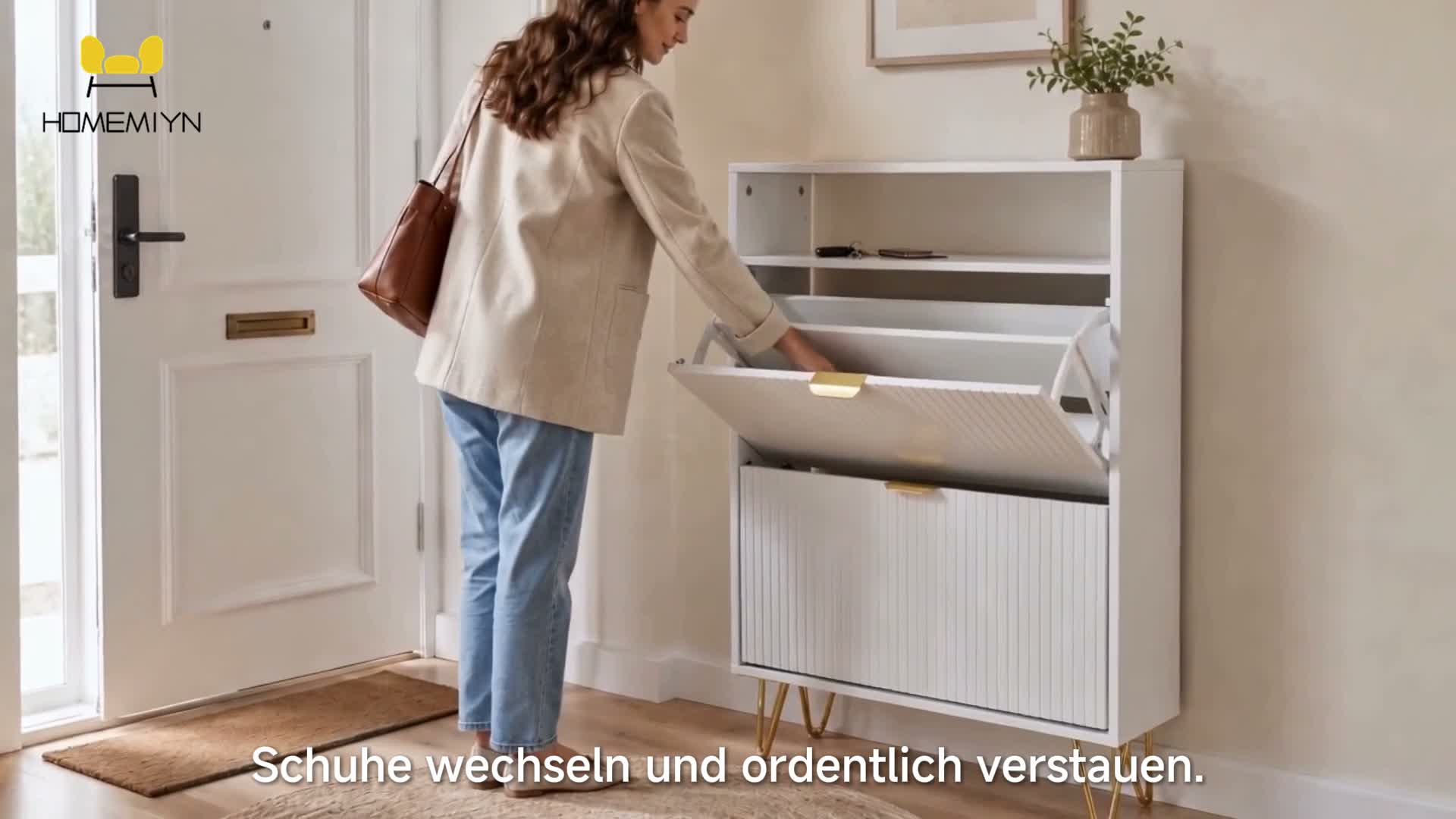 Schuhschrank schmal Holz, Schuhkipper Weiß, 2 Klappen