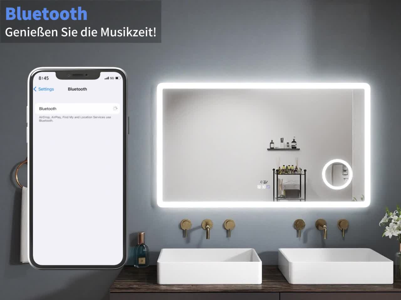 Badspiegel mit Bluetooth 100×60cm Uhr Schminkspiegel Produktbild-Vorschau 7