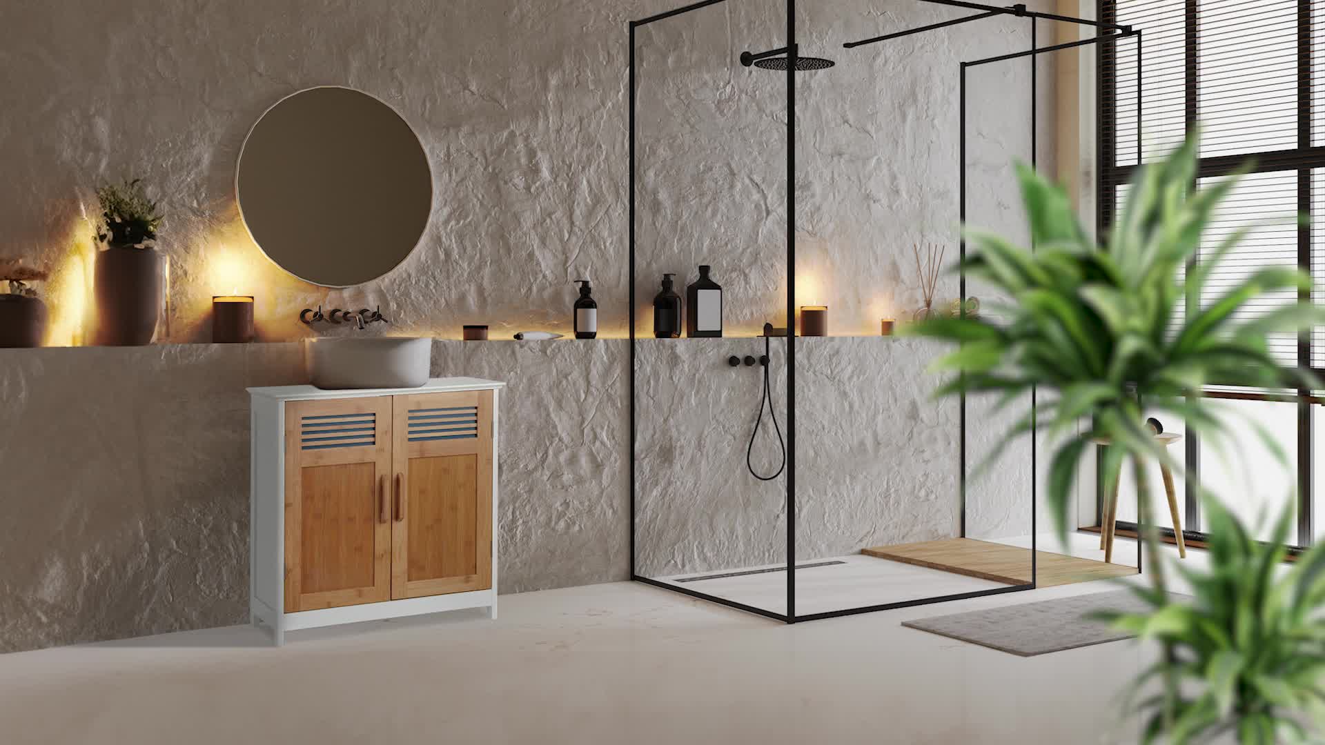 Relaxdays Waschbeckenunterschrank, Bambustüren, Produktbild-Vorschau 5