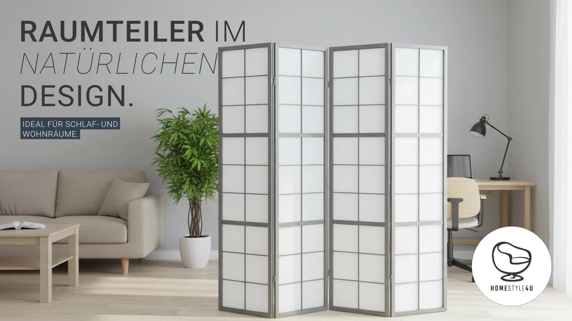 Homestyle4u Paravent Raumteiler 4 teilig Holz Grau Shoji Produktbild-Vorschau 7