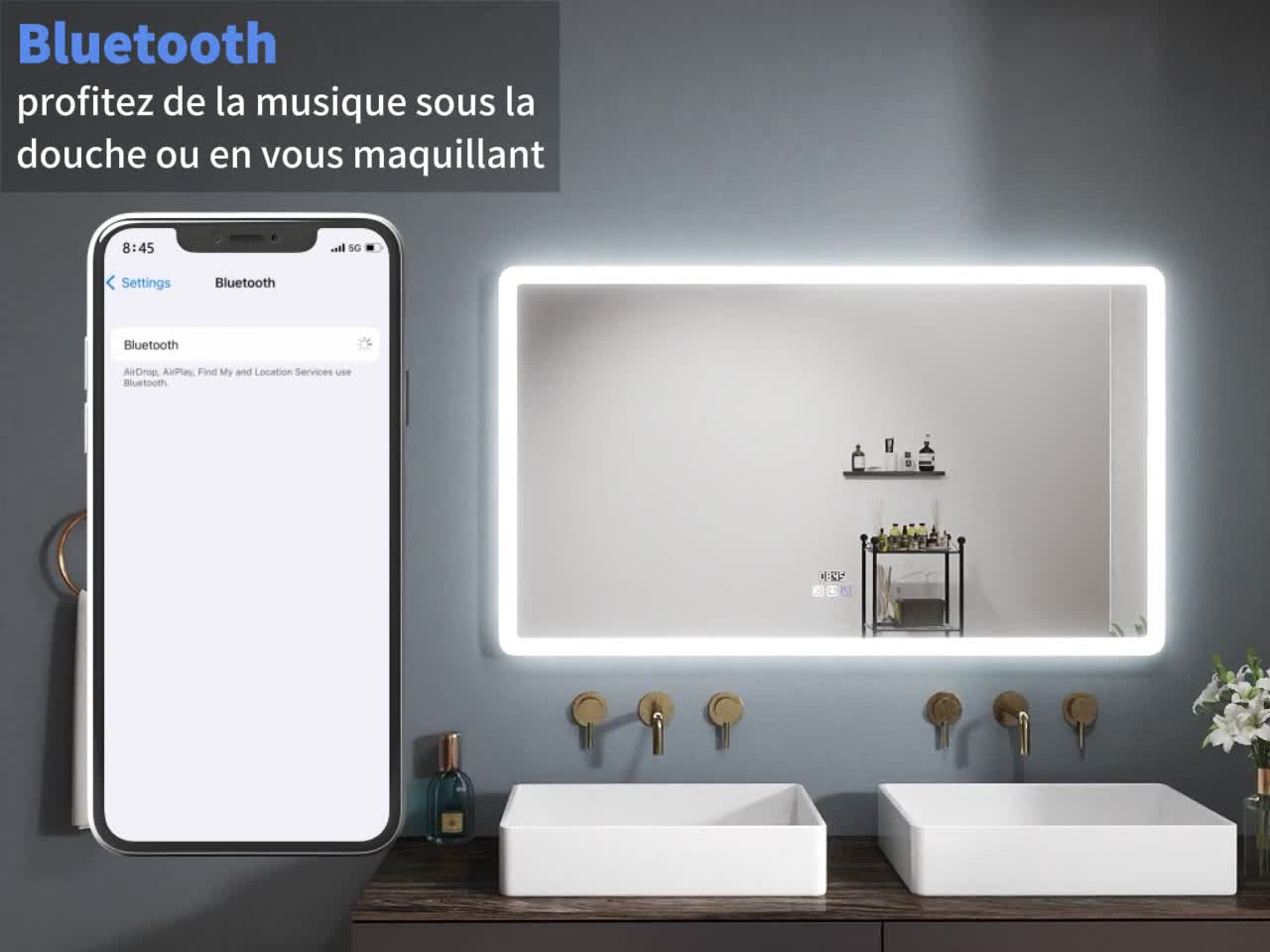 Miroir Bluetooth 140x80 cm, Tricolore + Horloge + Voir les images du produit 7