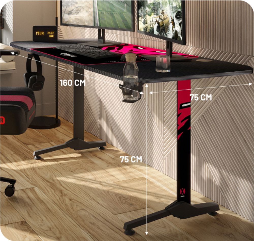 Diablo X-Mate 1600 Gaming Tisch Schreibtisch PC Computertisch Ergonomisch Carbon Tischplatte Kopfhörerhaken Getränkehalter (160 x 75 x 75 cm) Farbe: Schwarz