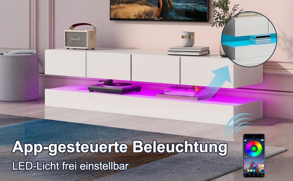 MODFU TV-Lowboard Weiß hochglanz TV-Schränke mit 16-farbiger LED-Beleuchtung,Fernsehtisch für Fernseher bis 55 Zoll, Fernsehbank,MDF,130×33×15 cm