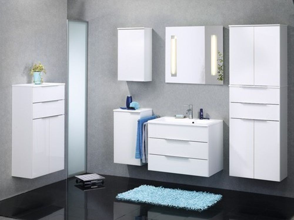 FACKELMANN Doppel-Hochschrank KARA / Badschrank mit Soft-Close-System / Maße (B x H x T): ca. 61 x 176 x 32 cm / mit Schubladen und Türen / Korpus: Weiß matt / Front: lackiertes Glas in Weiß