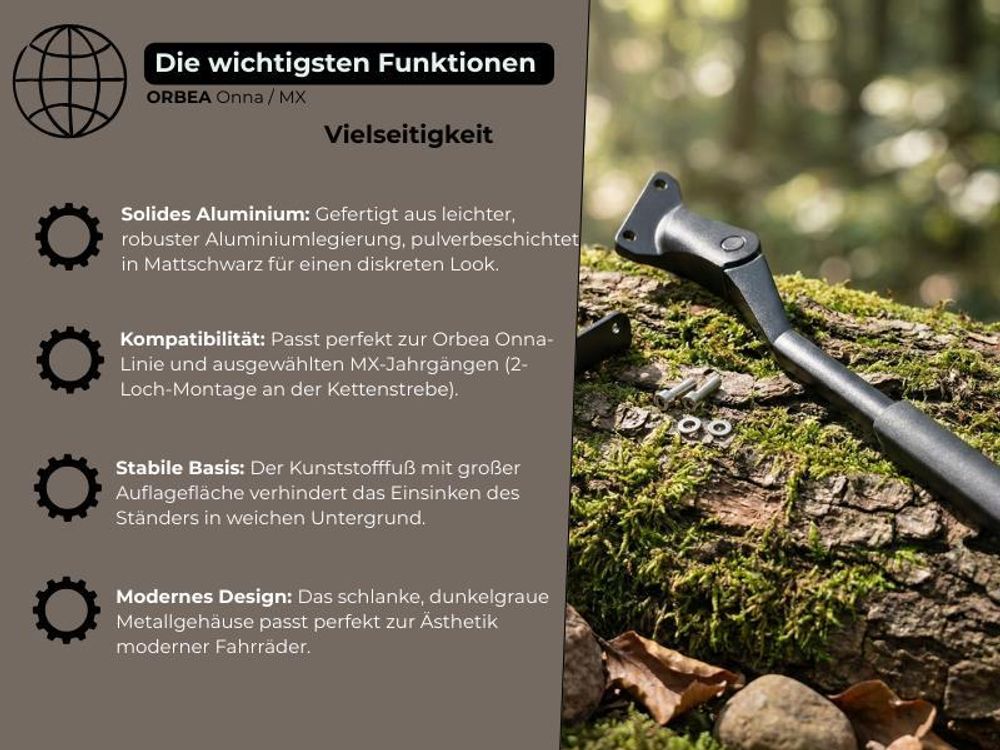 Orbea Fahrradständer für Onna & MX – passgenauer Hinterbauständer inkl. Adapter, Schrauben & Schutz, schwarz