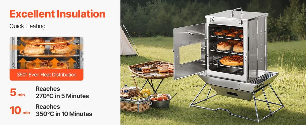 VEVOR Faltbarer Campingofen, tragbarer Campingkocher aus Edelstahl, mit 3-stufigem Grill, Griff und Thermometer, Verwendung mit Holzfeuer, Propanöfen, zum Backen von Brot, Pizza, für das Kochen im Freien, 3 Schichten