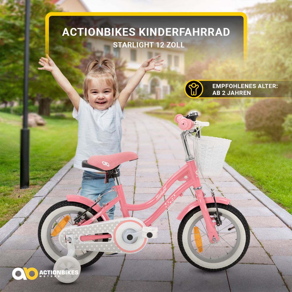 Actionbikes Kinderfahrrad Starlight 12 Zoll | Kinder Fahrrad - V-Brake Bremsen - Kettenschutz - Fahrradständer - 2-5 Jahre (Rosa)