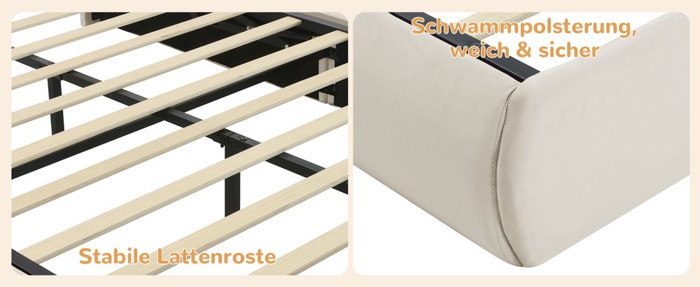 MODFU Kinderbett Polsterbett 140×200 cm mit warmfarbene LED-Licht, Jugendbett Doppelbett mit Kopfteil in Hasenohrenform und zwei Aufbewahrungshockern, Samt(Ohne Matratze), Boxspringbett Hydraulisches mit Bettkasten Stauraum, Samt Beige