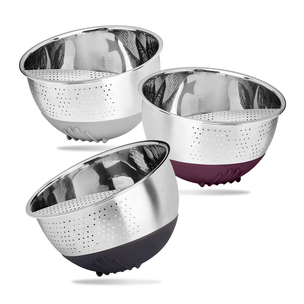 Reishunger Reis Waschschüssel aus Edelstahl (Aubergine) - Sieb zum Waschen von Reis und Gemüse - Mit rutschfestem Silikonfuß