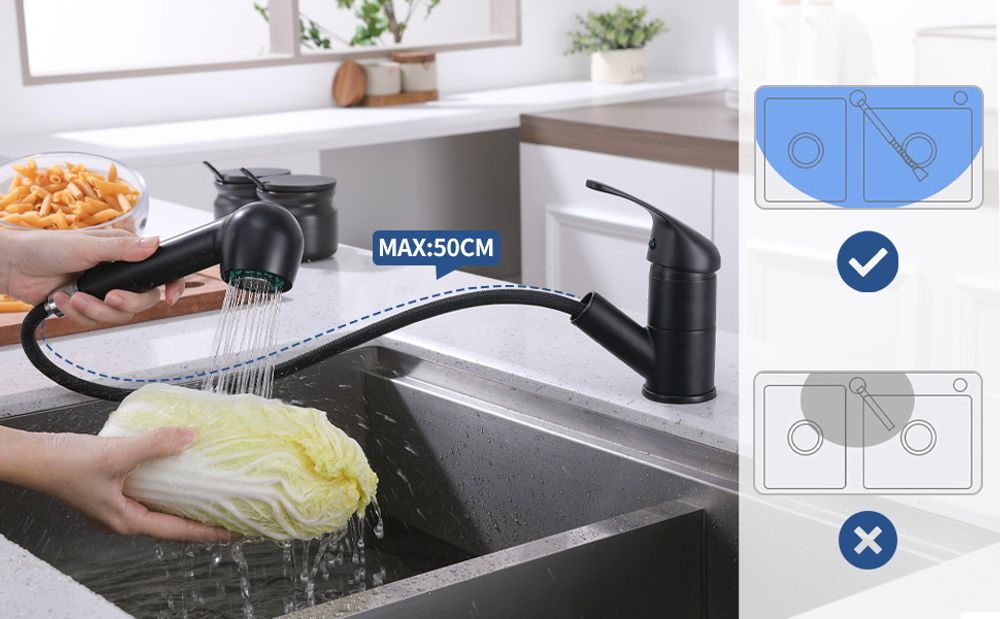 Homelody Schwarz Wasserhahn Küche,  Küchenarmaturen mit 2 Strahlarten Armatur mit Ausziehbarer Brause,  Mischbatterie Küche für Dual-Spülbecken