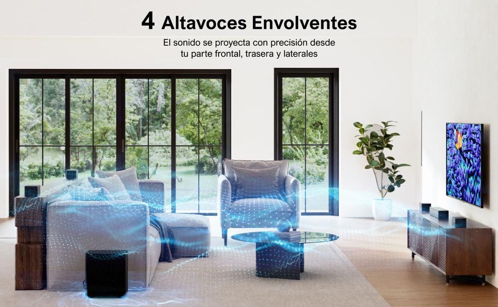 ULTIMEA 7.1: Sistema de sonido envolvente virtual para televisores, con una potencia máxima de 410W. Barra de sonido con subwoofer y altavoces envolventes ajustables, y control mediante aplicación