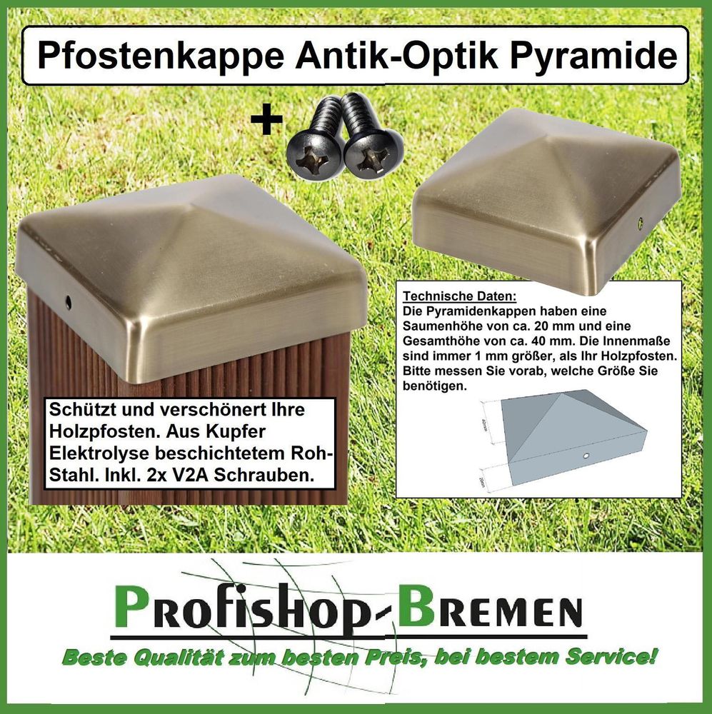 Pfostenkappe "Antik Optik" für Holzpfosten 12x12 cm in Pyramidenform, inkl. Edelstahl-Schrauben