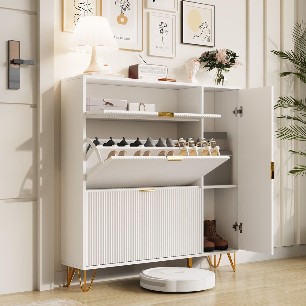 Fortuna Lai Modularer Schuhschrank aus MDF mit Goldenen Metallbeinen, verstellbaren Regalen und praktischer Aufbewahrung, Weiß