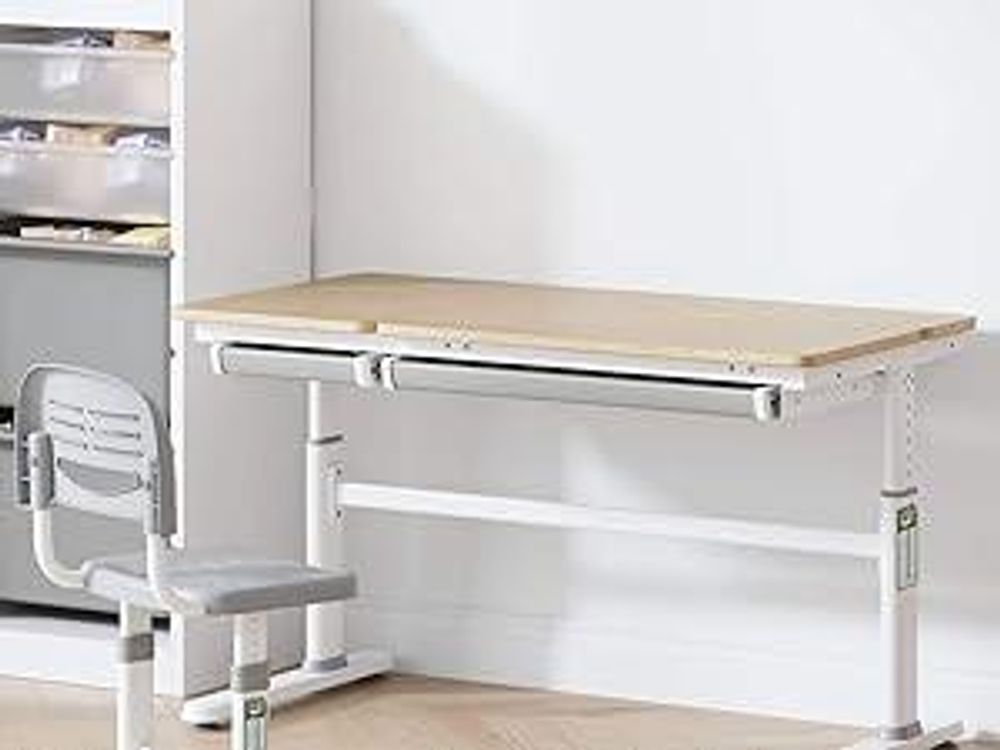 HOKO Kinderschreibtisch-Set höhenverstellbar mit Kinderstuhl, 120x60 cm Arbeitsfläche für Kinder ab 6 Jahren, Holzoptik-Rosa, CELIN & ANKE