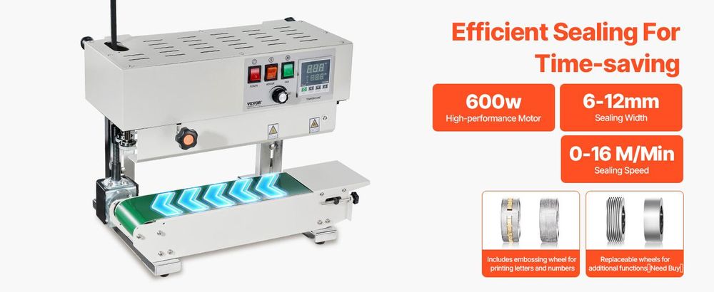 VEVOR Kontinuierliche Beutelbandversiegelungsmaschine, 0,24-0,47 Zoll/6-12 mm Versiegelungsbreite, vertikale Bandversiegelungsmaschine mit digitaler Temperaturregelung, Edelstahl-Beutelversiegeler für 0,02-0,8 mm Kunststoffbeutel-Folien, Eisenplatte Sprühfarbe, Kein Gegen-a