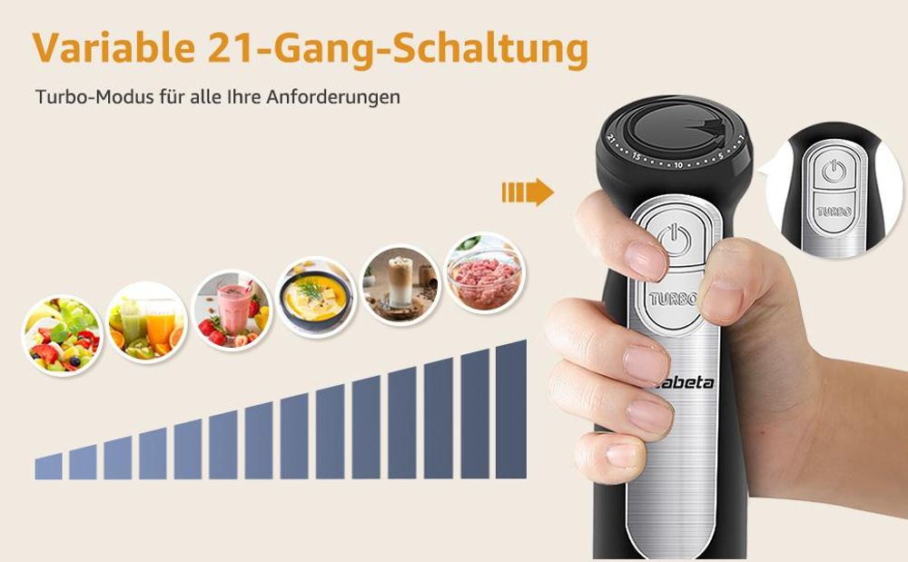 Stabmixer 9-in-1 Elektrischer Stabmixer mit 21 Geschwindigkeitsstufen + Turbo Edelstahl Mixstab Set, Pürierstab, Zerkleinerer, 1100W,Schwarz