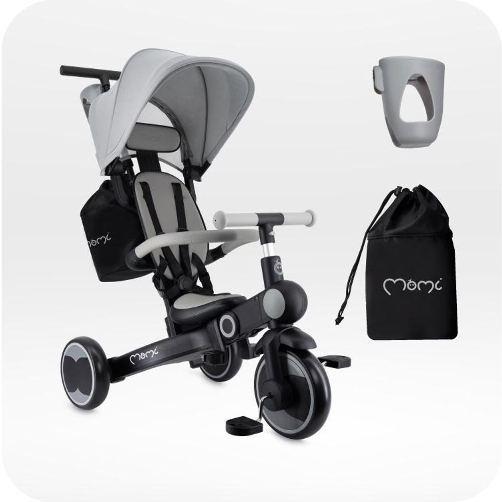 MoMi SOLIVIA Dreirad für Kinder 4in1 - Kinderdreirad, Lenkstange, Laufrad, Buggy - Grau
