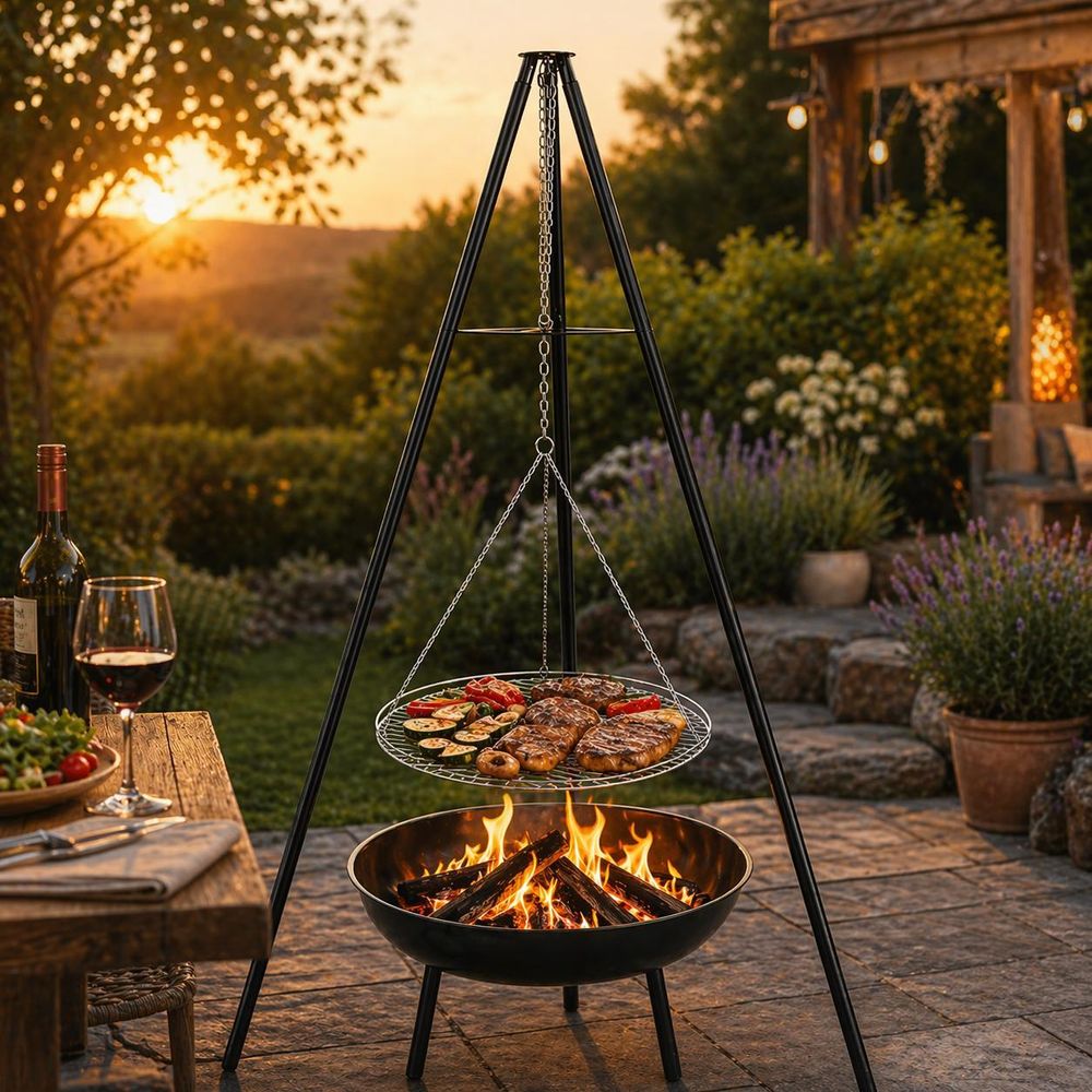 Bauhus Grill trójnóg 2w1 150 cm z rusztem 49 cm i misą 51 cm palenisko ogrodowe