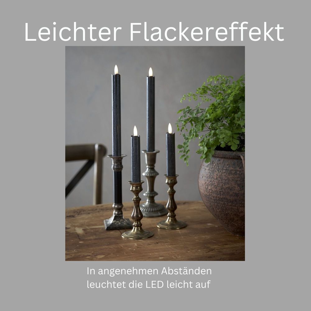 Stabkerzen LED mit Timer SCHWARZ 4 Stück indoor 6 Stunden - ECHTWACHS 15cm Höhe für Kerzen 2,2cm Durchmesser 2 AAA Batterien notwendig LED Stabkerzen flackernde Flamme bewegliche Flamme Licht