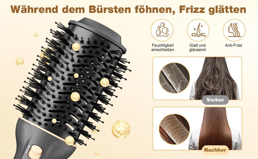 MCURO 3 in 1 Warmluftbürste Ionen, Haartrockner & Volumenbürste 1200 Watt, feuchtigkeitsspeichernde Keramikbeschichtung, 3 Heiz Gebläsestufen, Schwarzgold