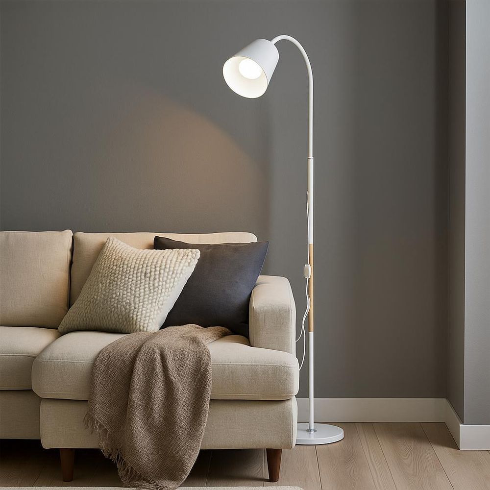MasterLED LED Stehlampe – Höhe 145 cm – E27 – weiß mit holz – Flexarm – Stehleuchte weiß – skandinavische stehlampe – Koko