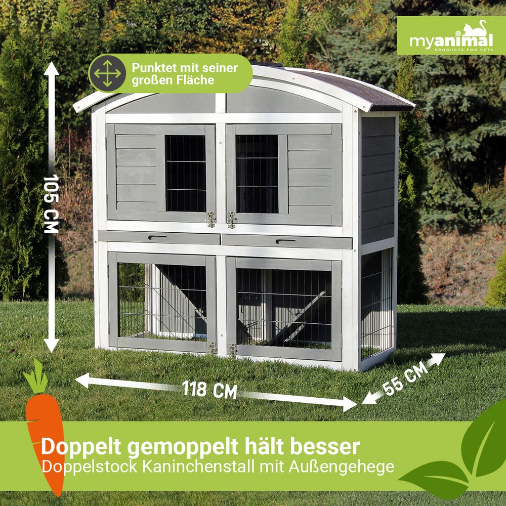 MyAnimal Hasenstall MH-33 | Hasenkäfig XXL Zweistöckig - Kaninchenstall - 4 Türen - Kleintierstall -Kaninchen - Hasen - Dach zum Öffnen (Grau/Weiß)