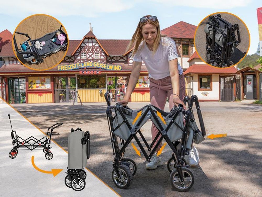 Miweba Bollerwagen MB-20 faltbar | Transportwagen mit Dach - Handwagen - Transportkarre - Hartgummireifen - mit Anschnall-Gurt - bis 100 kg (Grau)