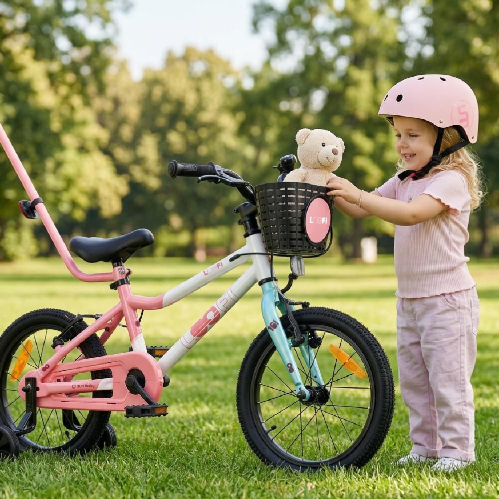 SUN BABY LOOFI Kinderfahrrad 16 Zoll, leichtes Aluminium Fahrrad 6,9 kg für Kinder ab 4 Jahre, mit Stützrädern, Korb, Klingel, Mädchen