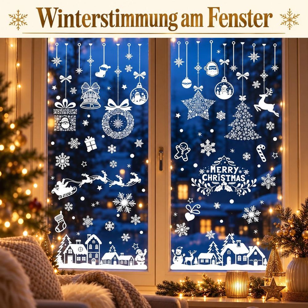 Weihnachtlich gestaltetes Fenster mit weißen Motiven bei Abendlicht