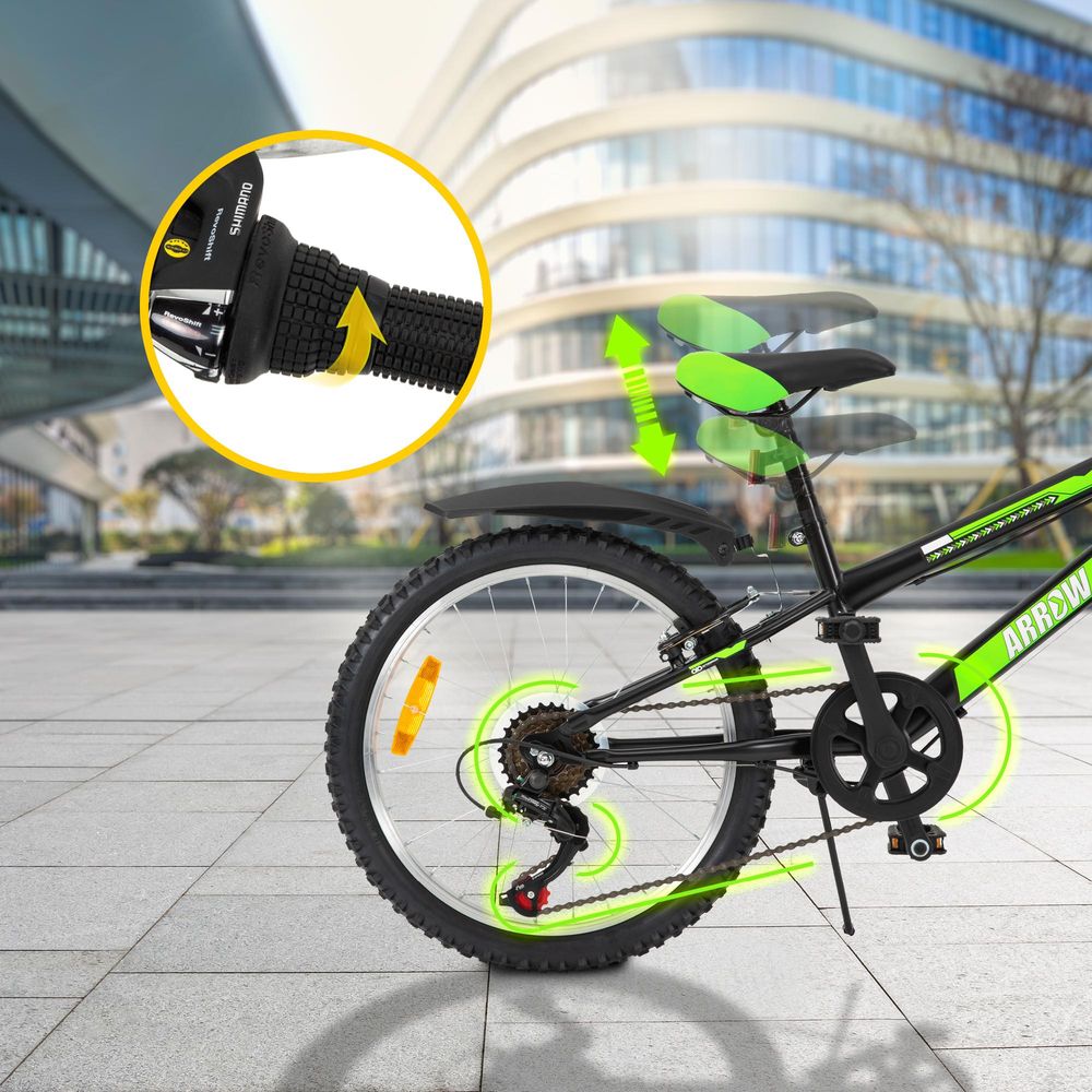Actionbikes Kinderfahrrad Arrow 20 Zoll | Kinder Fahrrad - V-Brake Bremsen - Kettenschutz - Fahrradständer - Handschaltung - 6-9 Jahre (Schwarz/Grün)