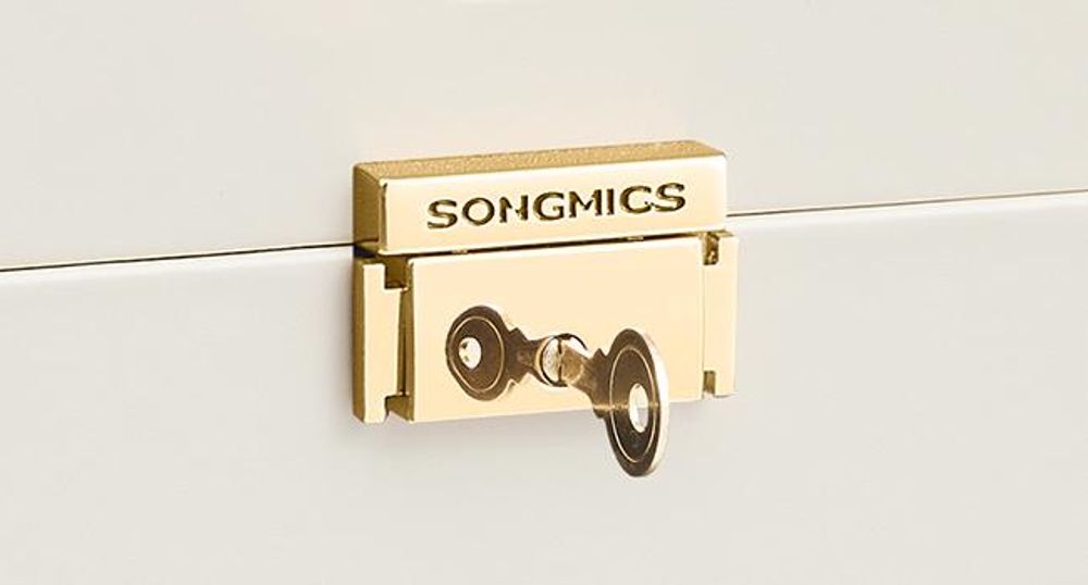 SONGMICS Schmuckbox mit 5 Ebenen, Schmuckkasten, mit Innenspiegel, abschließbar, weiß