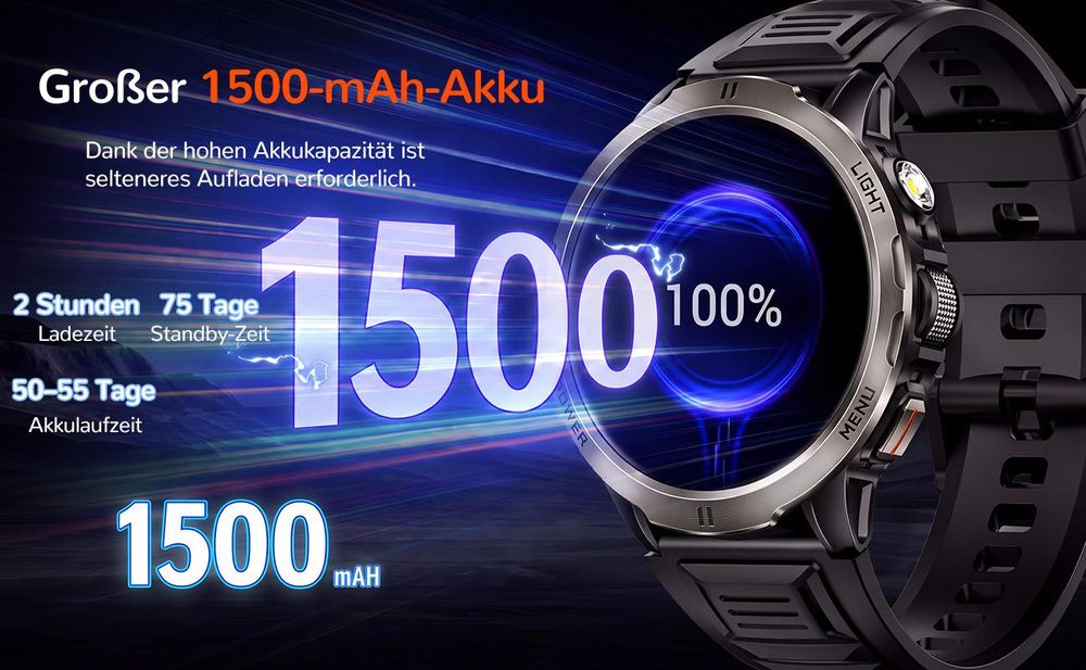 2026 Herren Militär-Smartwatch mit 1,85" AMOLED und 75 Tagen Standby Smartwatch Herren-Fitnessuhr, mit IP68+5ATM, 24/7 Herzfrequenz, SpO₂, Blutdruck