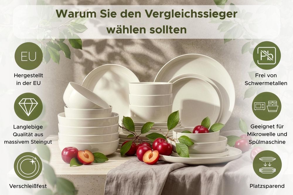 KONSIMO VICTO Tafelservice Geschirrset hergestellt in der EU (18-tlg), 6 Personen, Steingut, Spülmaschinenfest, mikrowellengeeignet, beige, rund