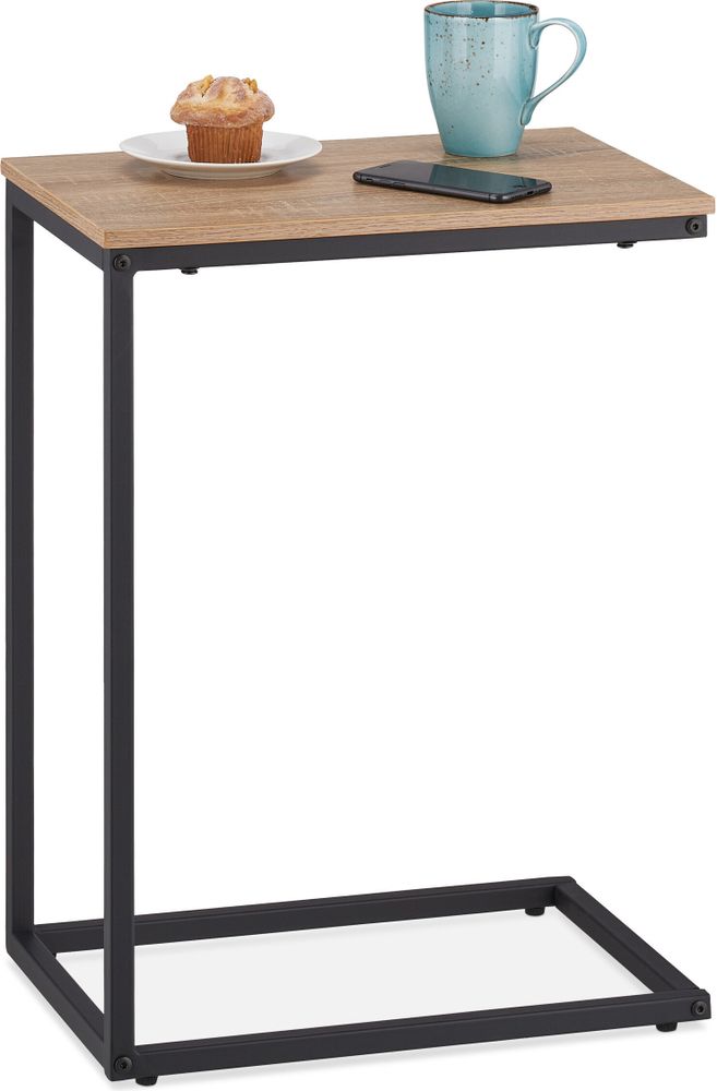 Relaxdays Beistelltisch in C-Form, HBT 60 x 30 x 45 cm, Sesseltisch zum Unterschieben, Metall & Holzoptik, schwarz/braun