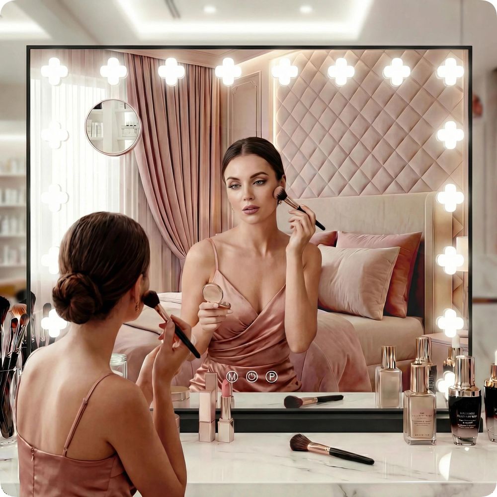 Lustro do makijażu Hollywood czarne make-up 58x46cm 18 LED barwa światła lusterko X10