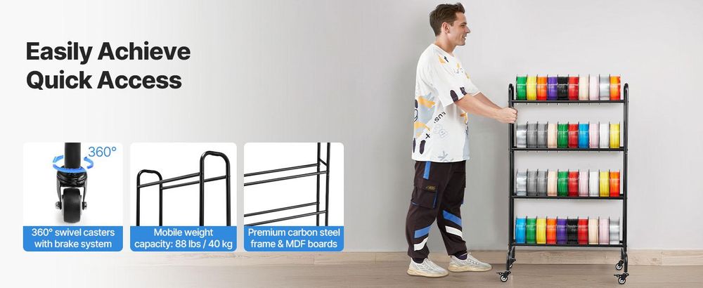 VEVOR Wandmontierter Drucker Filamentlagerregal, 2-stufiges Wandregal, rollbare Filamentspulenhalter mit Rädern, Filamente organisiert für 3D-Druckstudio, Werkstatt (Nur Regal), Mobile-a, Vier Schichten