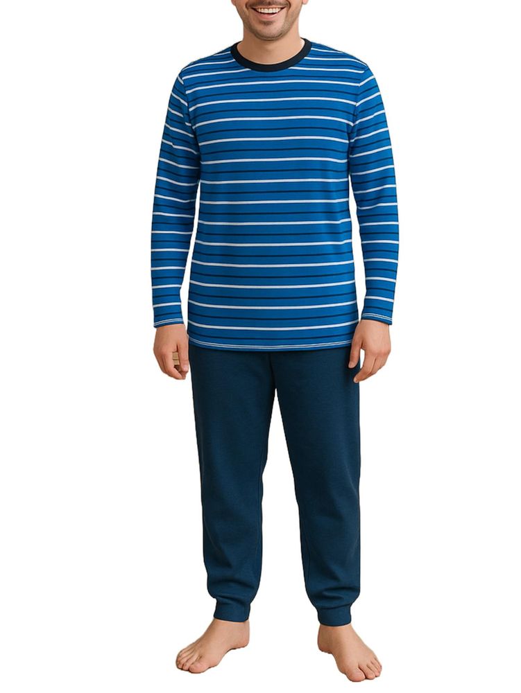 Langer Herrenschlafanzug mit blau gestreiftem Langarm-Oberteil und einfarbiger langer Hose