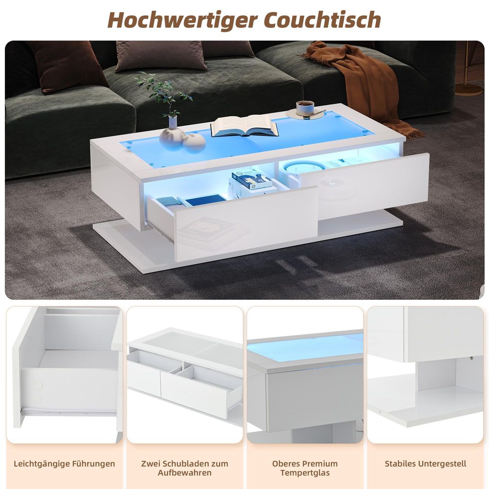 STILVORA Couchtisch mit 2 Schubladen,Wohnzimmertisch Hochglanz mit LED-Beleuchtung,Sofatisch Beistelltisch aus Spanplatte mit Glasplatte,Weiß