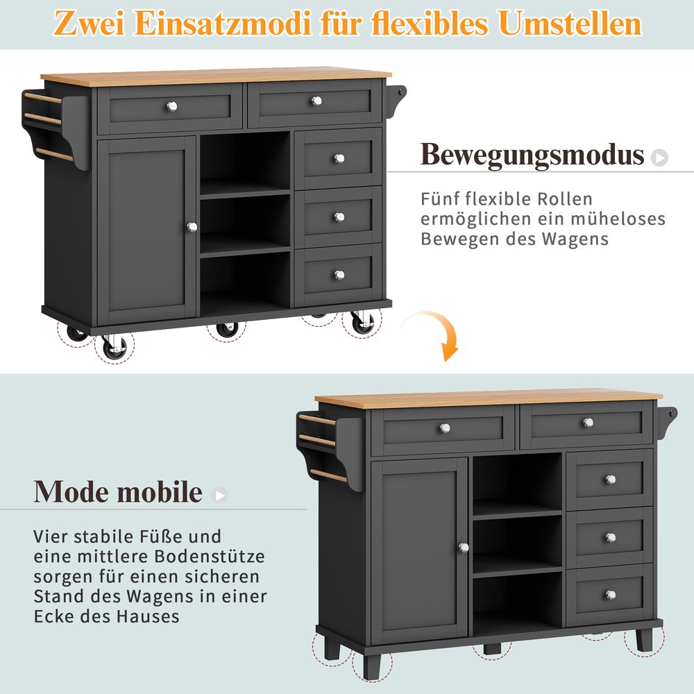 Flieks Servierwagen Küchenwagen mit Rollen & Holzbeinen, Kücheninsel Küchentrolley mit Verstellbaren Regalen, Küchenschrank Speisewagen, Schwarz